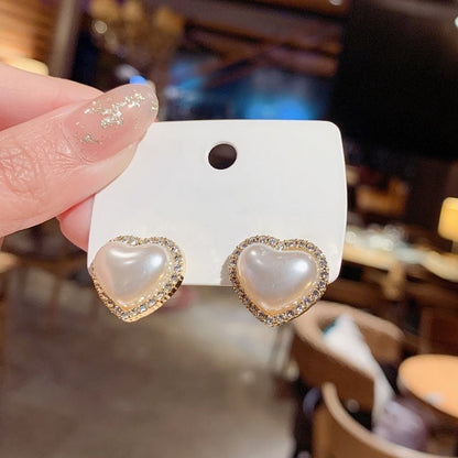 2021 New Korean Style Contracted Heart Pearl Earrings For Women Sweet Flower Zircon Geometric Stud Earring Girl Party Jewelry